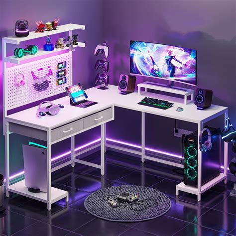 L Shaped Computer Desk with LED Lights and Drawers, Gaming Desk with Pegboard, Home Office Desk ...