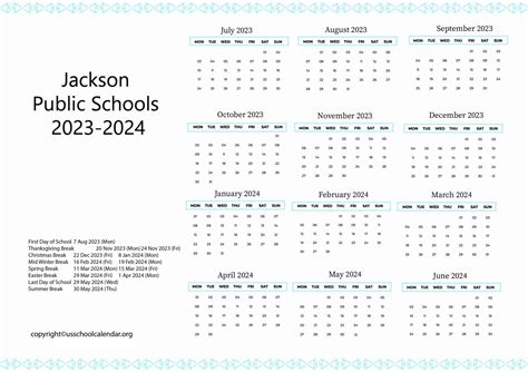 Jackson Public Schools Calendar with Holidays 2023-2024