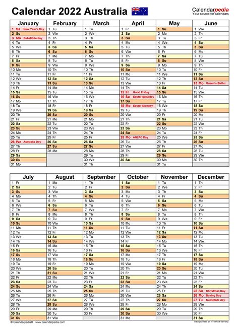 2022 Calendar Australia Printable