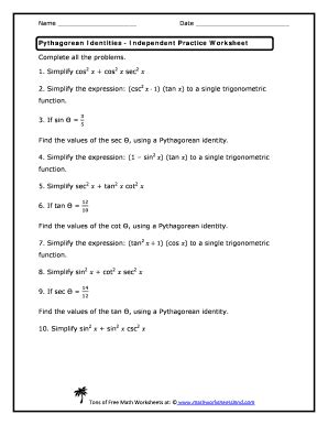 Pythagorean Identities Worksheet - Fill and Sign Printable Template Online