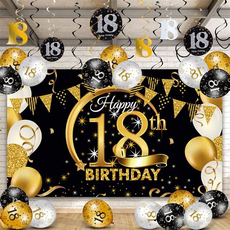 Buy Happy 18th Birthday Party Decorations Kit, Black Gold Glittery ...