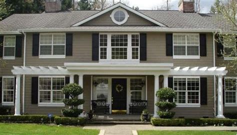 Taupe exterior paint with black shutters! | Home | Pinterest | Black shutters, Exterior paint ...