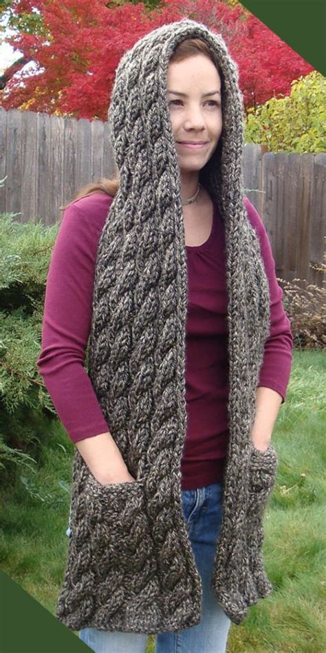 Gray Cable Knit Chunky Hooded Scarf Pattern with Pockets | Knitting Things