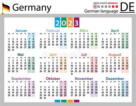 German Horizontal Pocket Calendar for 2023. Week Starts Monday Stock ...