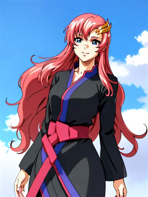 A woman with long pink hair and a black dress standing in front of a blue sky - SeaArt AI