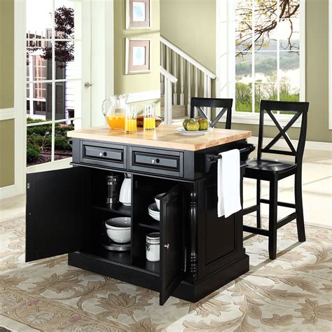 Butcher Block Top Kitchen Island with X-Back Stools - Black | DCG Stores