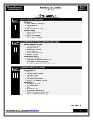 Artificial Intelligence – Syllabus (2018 - 2019) [Mumbai University] | PDF