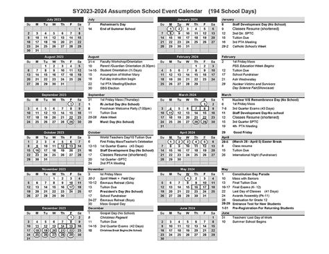 School Calendar | Assumption School Rm