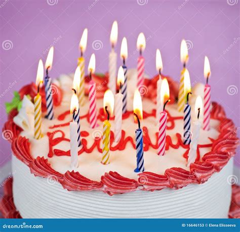 Birthday Cake With Lit Candles Stock Image - Image of vanilla, frosted: 16646153