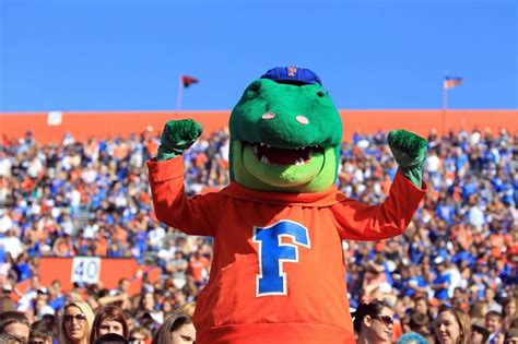 a man in an orange shirt and green alligator costume at a football game ...