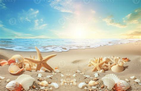 Seashells and starfish on the beautiful tropical beach and sea with ...