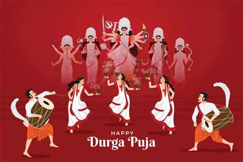 vector illustration of ladies dancing with dhunuchi and men playing dhak for Happy Durga Puja ...