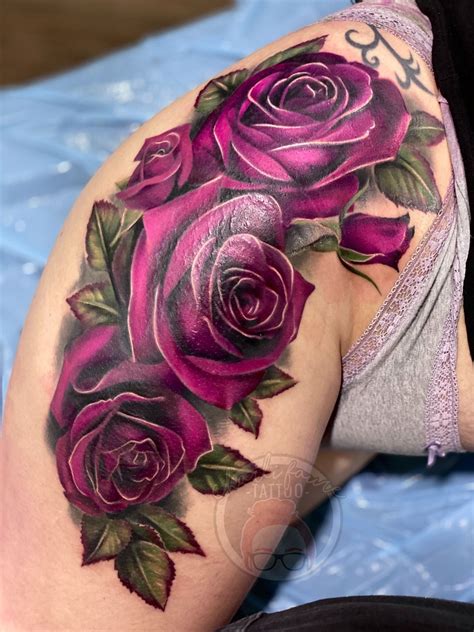 Realistic purple roses cover up tattoo | Rose tattoos for women, Purple ...