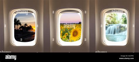 three airplane window concept to travel nature background Stock Photo ...