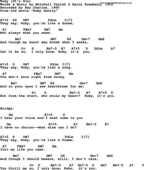 Song lyrics with guitar chords for Ruby (It's You) - Ray Charles, 1960