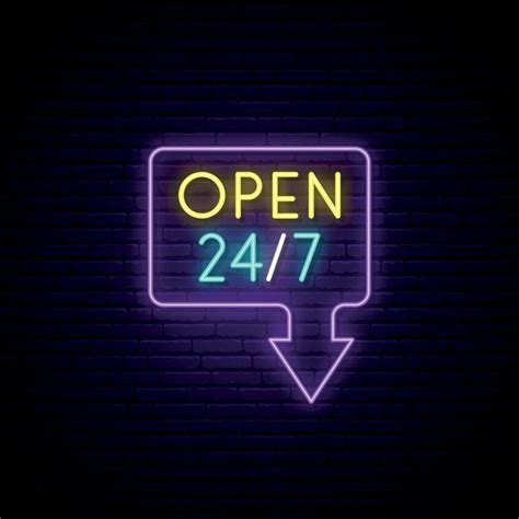 Open 24-7 neon sign. Light vector banner. Realistic glowing design ...