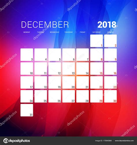 December 2018. Calendar planner design template with abstract background. Week starts on Monday ...