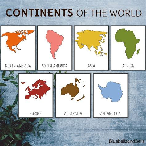 Continents Flash Cards and World Map. Montessori Printable for ...