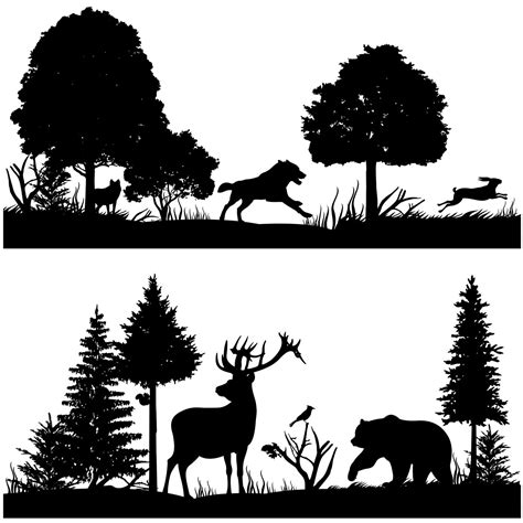 Wild animals silhouettes in green fir forest vector illustration By Microvector | TheHungryJPEG