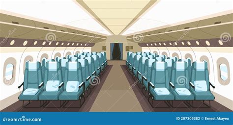 Front View of Airplane Interior Design with Aisle, Reclining Seats and Portholes. Empty Aircraft ...