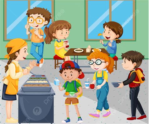 Children Eating Lunch In Cafeteria Girl Scene Drawing Vector, Girl ...