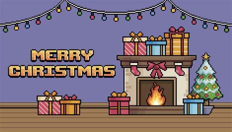 Pixel art christmas background with merry christmas text, fireplace ...