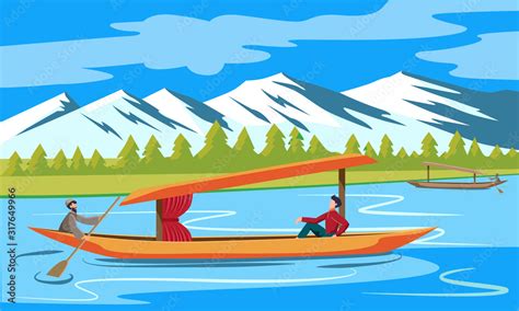 kashmir tourism dal lake with boat landscape vector Stock Vector | Adobe Stock