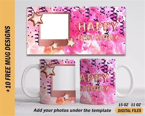 Happy Birthday Mug Sublimation Design With Picture Pink Mug Template 15 ...