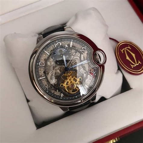 Relógio Cartier™ - Ballon Bleu Tourbillon Skeleton - Prata - Fundo Escuro - AUTOMÁTICO - Réplica ...