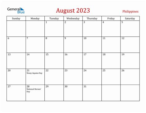 August 2023 Monthly Calendar with Philippines Holidays