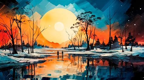 Premium AI Image | Sunset over the lake in the winter forest Digital ...