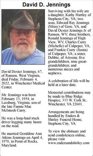 David D. Jennings | Obituaries | winchesterstar.com