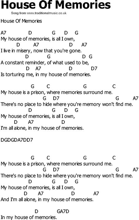 Old Country song lyrics with chords - House Of Memories