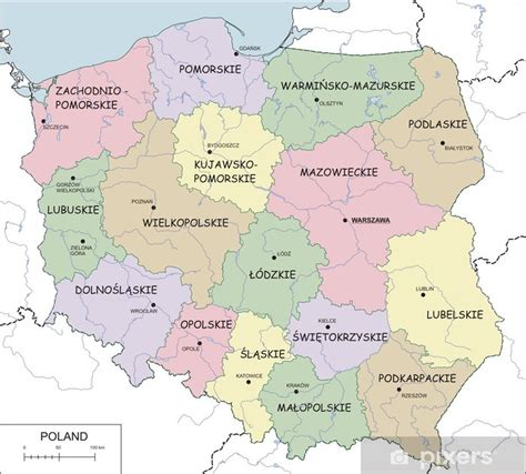 Wall Mural Contour map of Poland with voivodeships, rivers and lakes ...