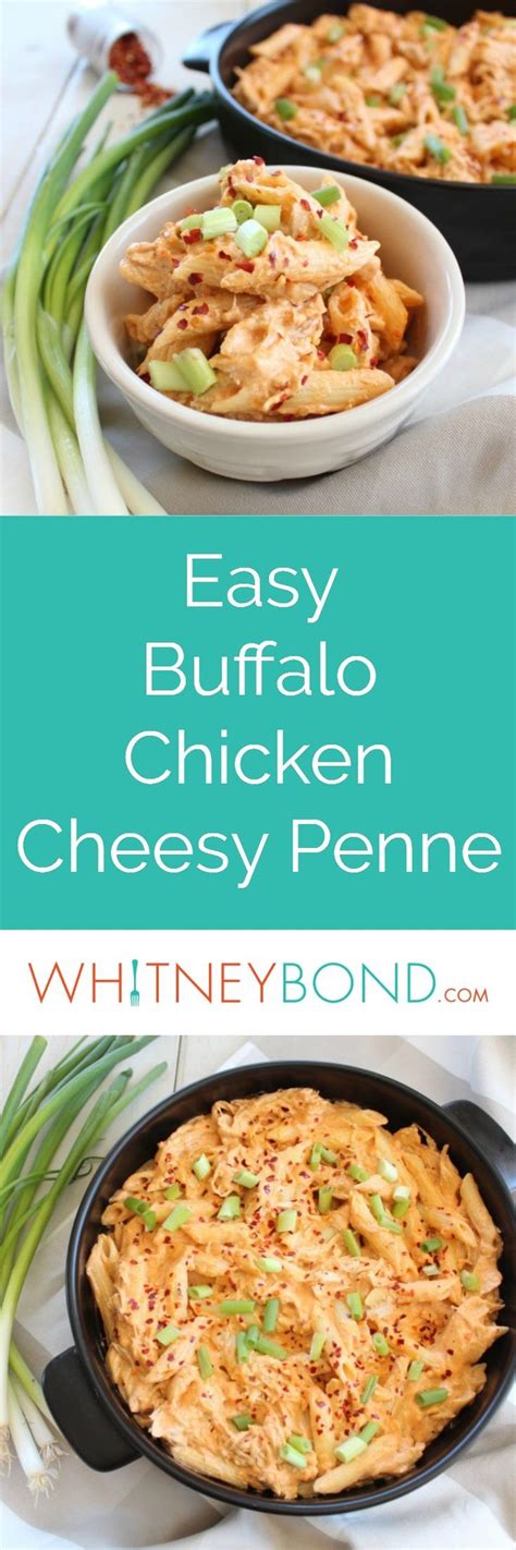 Shredded chicken is added to a spicy, cheesy buffalo sauce and tossed with penne pasta in this ...