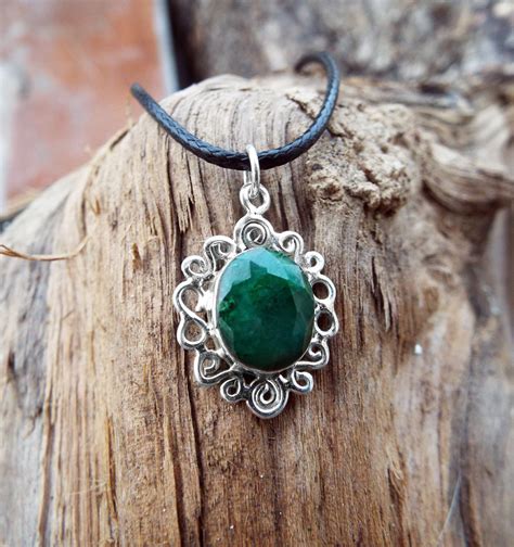 Emerald Pendant Gemstone Silver Necklace Green Handmade Precious Stone Sterling 925 Boho Jewelry