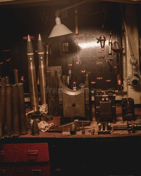 Workbench with Ammunitions Inside the Weapons Workshop Aboard the Destroyer HMS Smaland ...