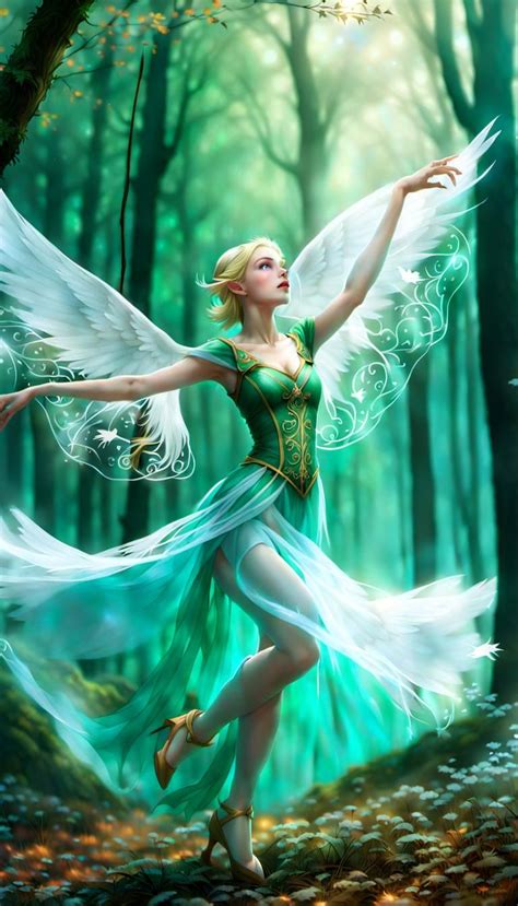 Female elf, white skin, blonde hair, elegant costume, dancing in forest, dynamic dancing motion ...