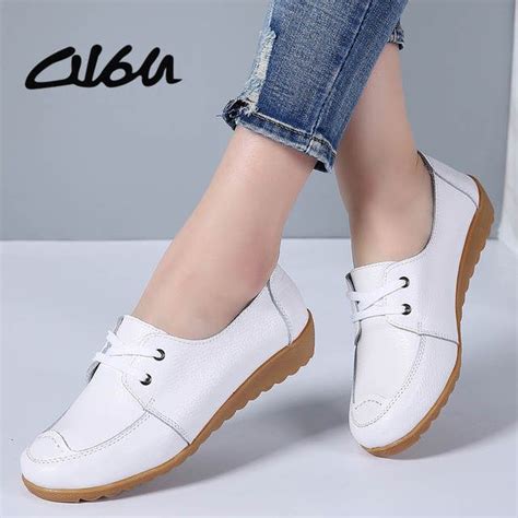 Tienda Online O16U zapatos casuales de mujer de cuero genuino con cordones Moccains de pun ...