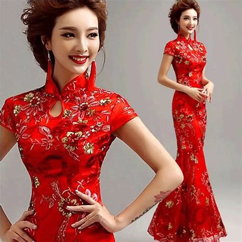 Modern Chinese Traditional Dress Red Long Qipao Lace Mermaid Bride ...