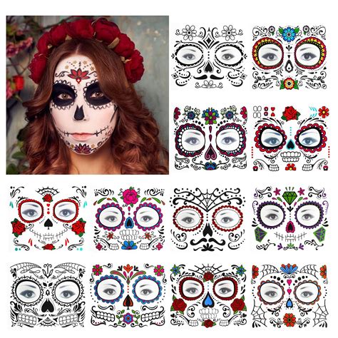 Buy 12 Pack Day of the Dead Sugar Skull Face Tattoos Makeup Kit, Temporary Halloween Makeup ...