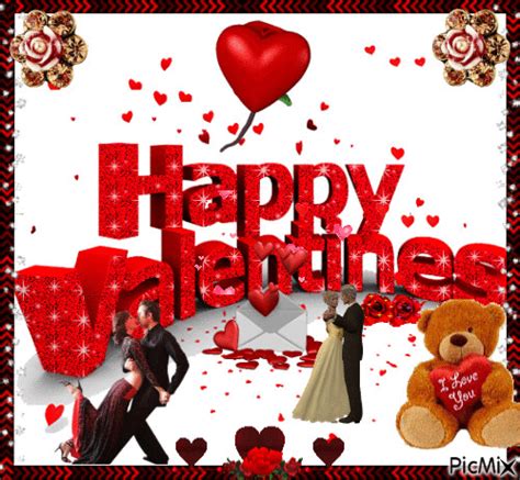 happy valentine's day card with two people and a teddy bear in the background