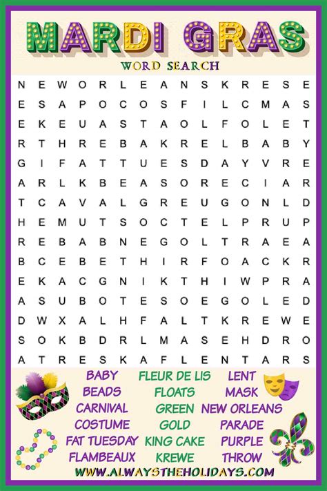 Mardi Gras Word Search with Answers - Free Mardi Gras Printable