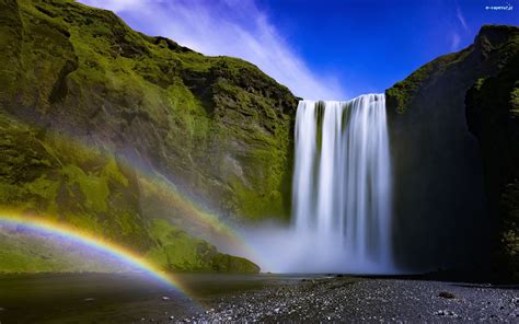 Tęcza, Wodospad Skogafoss, Islandia, Roślinność