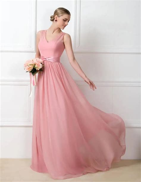 Custom Made Fashion Peach Color Chiffon Long Bridesmaid Dresses 2017 With Bow Belt Sexy V Neck ...