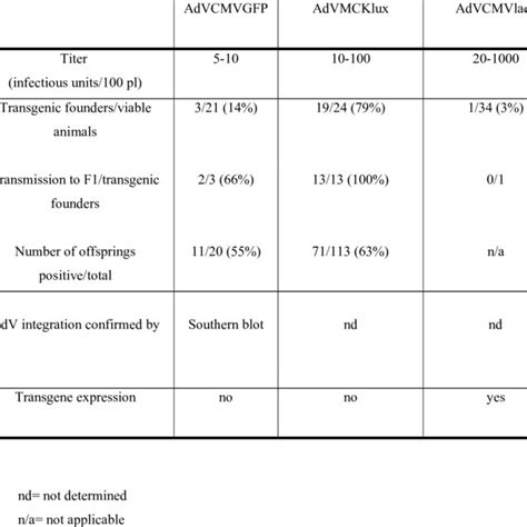 Results of AdV-transgenesis following microinjection of different AdV... | Download Table