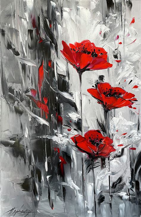 Contemporary Black and White Original Oil Painting, Red Poppies Abstract Wall Art Decor, Modern ...