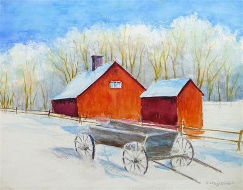 Watercolor Landscape - Winter Barn - Original Art, Antique Maps & Prints