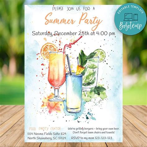 Editable Summer Cocktail Party Invitation Instant Download ...