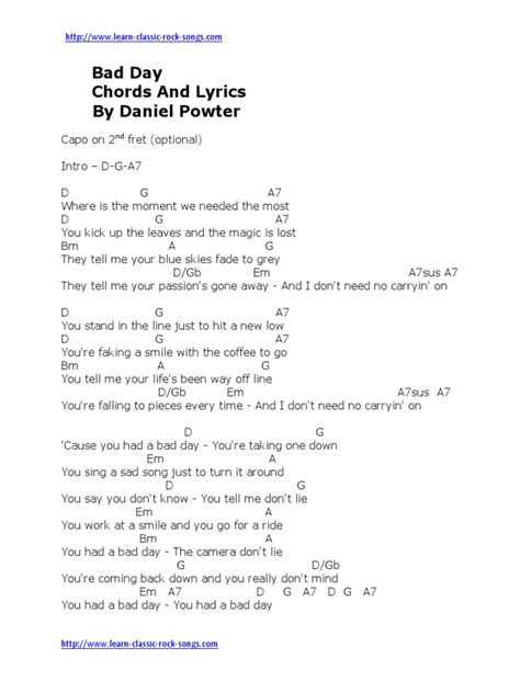 Bad Day Chords and Lyrics by Daniel Powter | PDF | Songs | Pop Songs